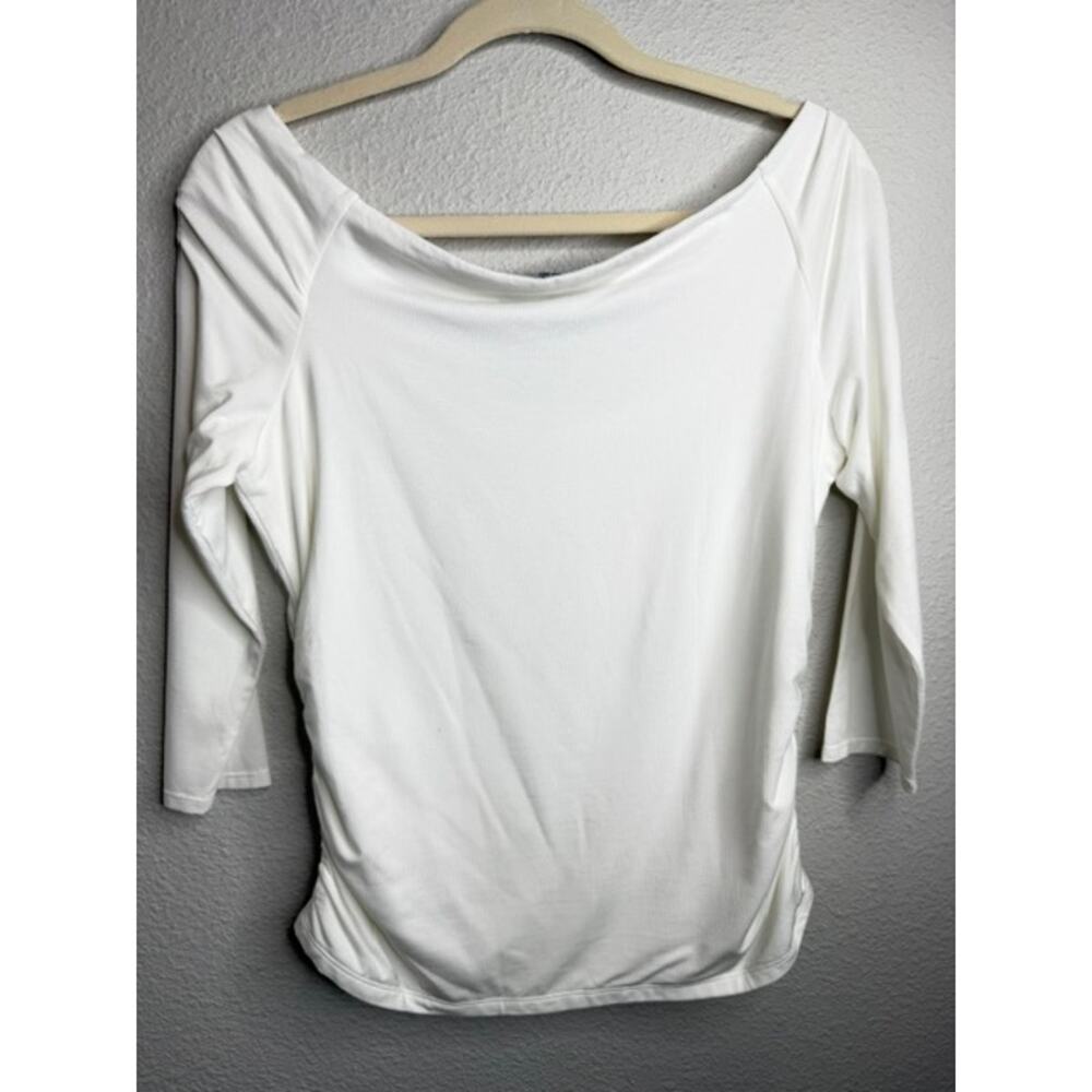 WHBM White House Black Market Cream Ruched Boat Neck Top L Soft Stretch - Picture 5 of 10